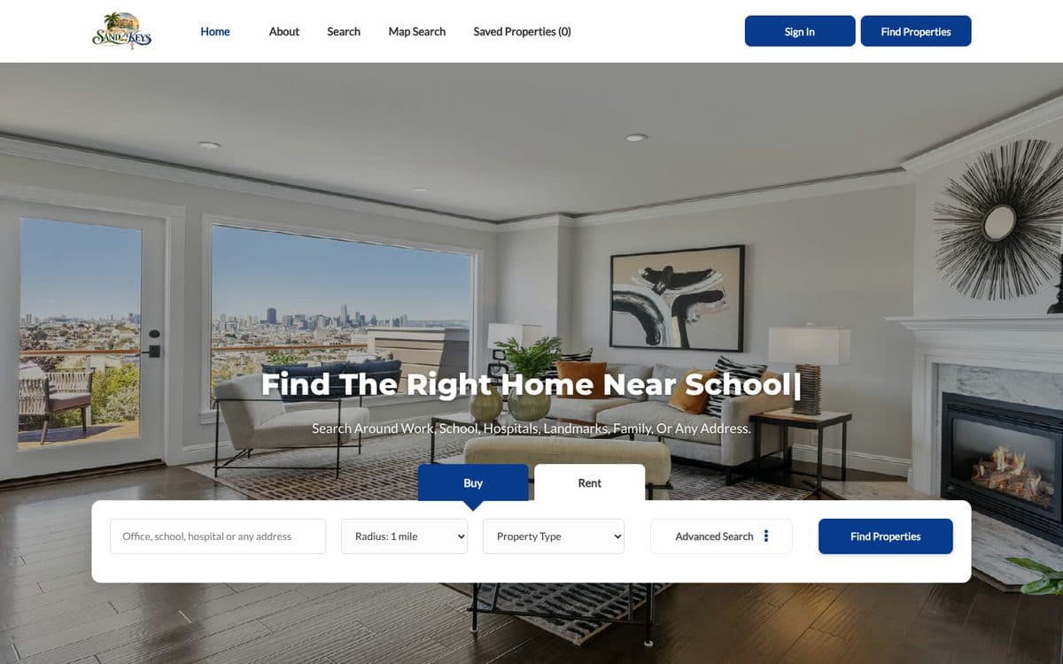 The Sand2Keys home page with its proximity search